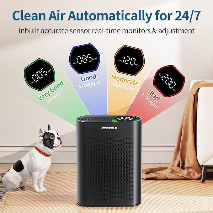 Powerful Air Purifiers for Home Large Room Up to 2400 Ft² with Air Quality Monitor 20dB Sleep Mode, Air Purifier for Bedroom Office Living Room HAP602 Black