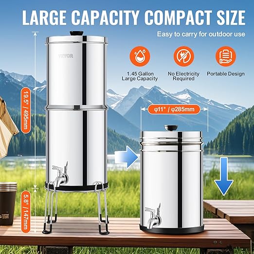 VEVOR Gravity-fed Water Filter System, 2.25G 304 Stainless-Steel Countertop Water Filtration System, Reduces Lead and up to 99% of Chlorine, with 2 Carbon Filters/Spigot/Stand, for Home Camping RV