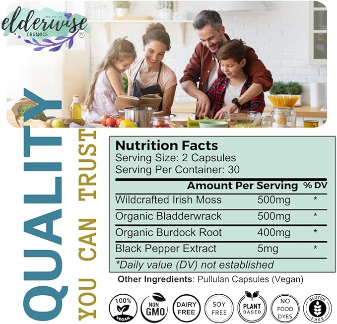 Elderwise Organics Sea Moss Capsules - Sea Moss with Burdockroot & Bladderwrack - Superfood Supplement with Raw Sea Moss - 60 Vegan Capsules - 30 Day Supply - Dosage 2 a Day - 1400 mg