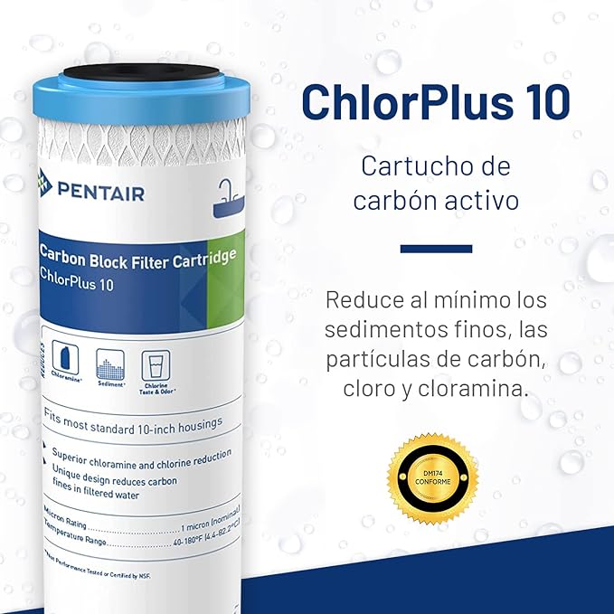 Pentair Pentek ChlorPlus10 Carbon Water Filter, 10-Inch, Under Sink Chloramine Reduction Carbon Replacement Cartridge, 10" x 2.5", 1 Micron