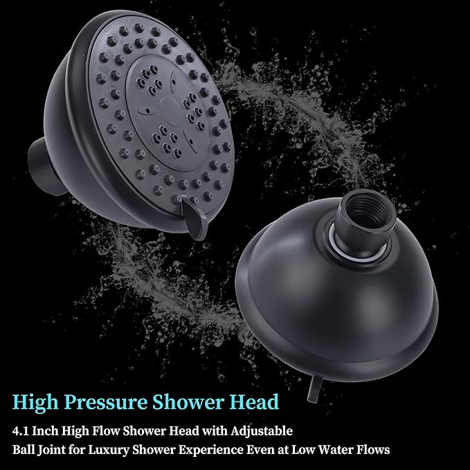 High Pressure Double Shower Head with Shut-Off Valve and Shower Arm Set Solid Brass Casting Dual Outlet Manifold Dual Shower Fixed Head 3 Function Shower Heads Sprayers, Matte Black