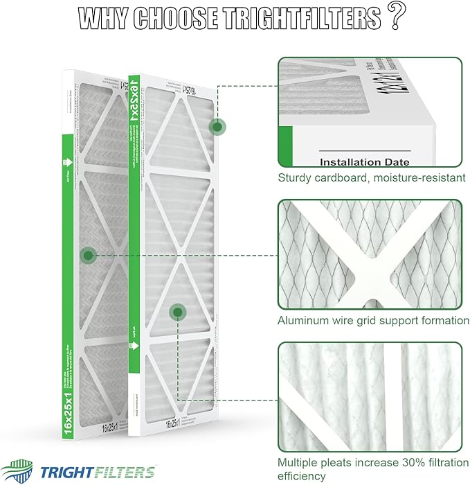 16x25x1 Air Filter 6 Pack, Durable MERV 8 Pleated Home HVAC AC Furnace Filters, Lightweight Compact Air Conditioner Filter Replacement