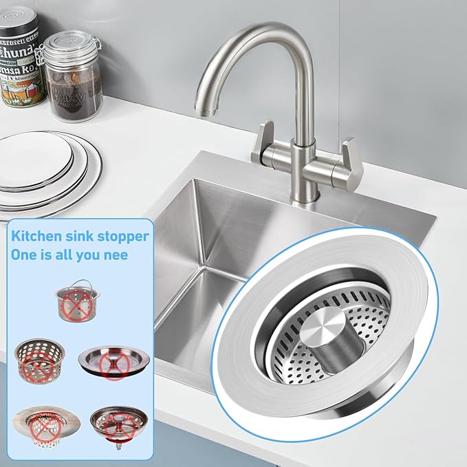 3-in-1 Kitchen Sink Drain Strainer & Stopper, Stainless Steel Food Catcher Plug with Filter Basket, Fits 3-1/2 Inch Drain Hole, Universal Sink Protector Cover, Anti-Clogging, Silver