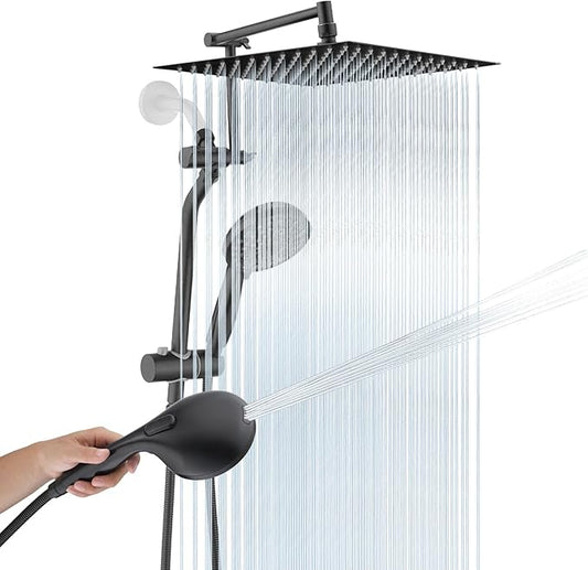 High Pressure 12 Inch Rainfall Shower Head with Handheld Combo, 16" Adjustable Extension Arm Build-in 3-way Diverter, Dual Shower Head Combo Set with Adjustable Height Slide Bar - Matte Black