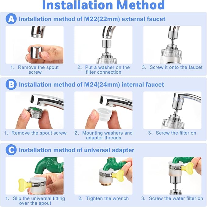 3 Pack Sink Water Filter Faucet, Universal 360 ° Rotating Faucet Filter for Kitchen Sink, 3 Modes Bathroom Faucet Filter Removes Chlorine Fluoride Heavy Metals Hard Water for Home Kitchen & Bathroom