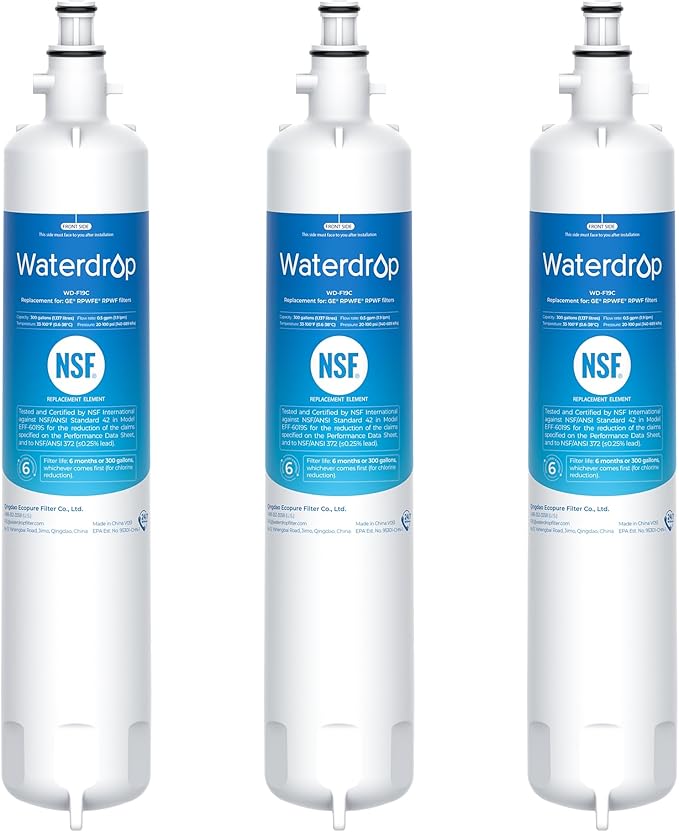 Waterdrop Replacement for GE® RPWFE®, RPWF (Built-in CHIP) Refrigerator Water Filter, Compatible with GFE28GYNFS, GFE28GELDS, PFE28KELDS, PFE28KYNFS, GFD28GELDS, PWE23KELDS, PWE23KMKES, 3 Filters