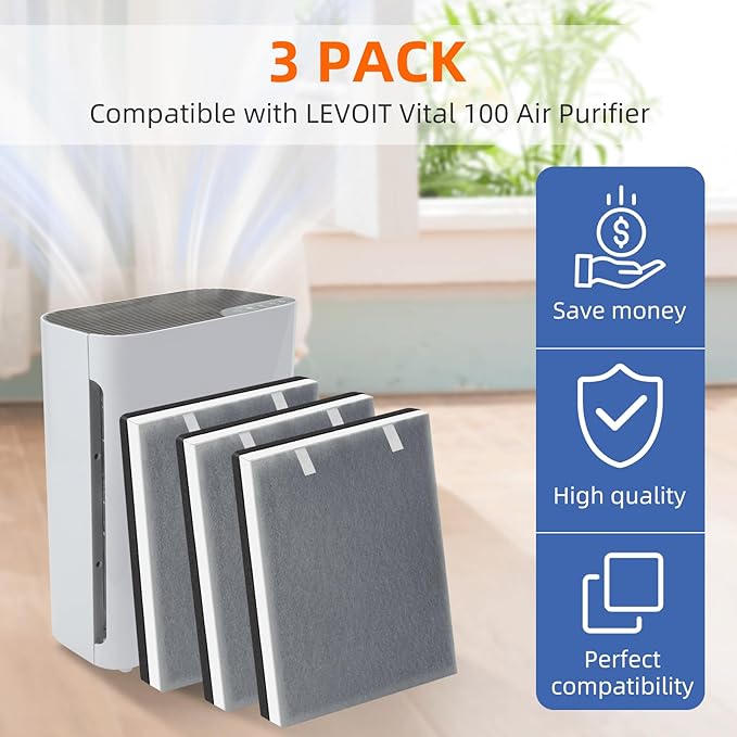 Vital 100 True HEPA Replacement Filter for LEVOIT Vital 100 Air Purifier,3-in-1 H13 HEPA High-Efficiency Activated Carbon Filter,Vital 100-RF,3 Pack,White