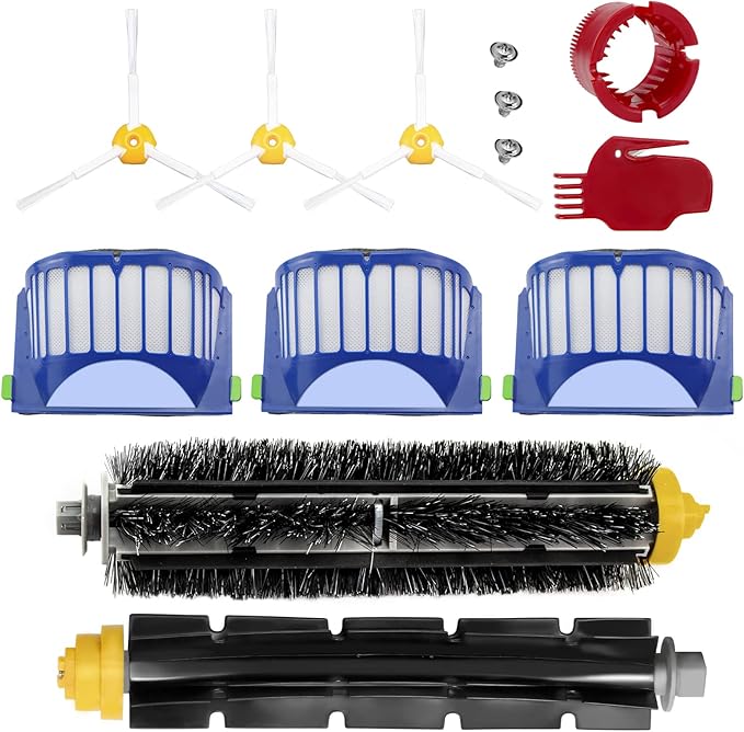 Replacement Parts fit for i-Robot Room-ba 600 Series 614 618 620 630 640 650 660 675 680 685 690 692 694 695 Vacuum Cleaner Replenishment Kit- Includes 3 Filter, 3 Side Brush &1 Bristle Brush