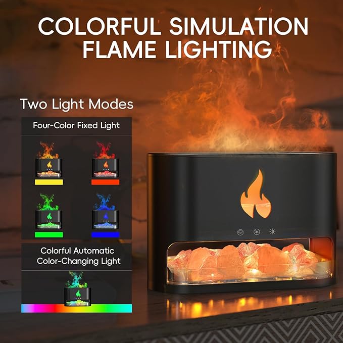 Fireplace Flame Diffuser, Aromatherapy Essential Oil 250ml Himalayan Salt Lamp Cool Mist Ultrasonic Humidifier for Bedroom,Office,Home, Auto Shut-Off, Night Light (Black), (M23)