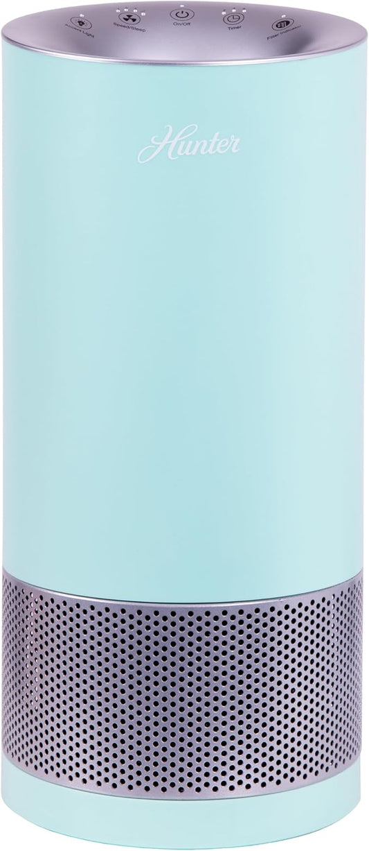 Hunter HP400 Round Air Purifiers for Home, True HEPA Air Purifier Tower for Pets, Odors, Allergens, Smoke, Dust, VOC's. HEPA Air Purifiers for Bedroom and Small Room, Aqua and Silver