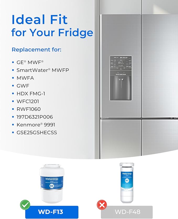 Waterdrop WD-F13 Replacement for GE® MWF®, SmartWater® MWFP, MWFINT, MWFA, GWF, HDX FMG-1, Kenmore® 9991, GSE25GSHECSS, WFC1201 Water Filter, 3 Pack