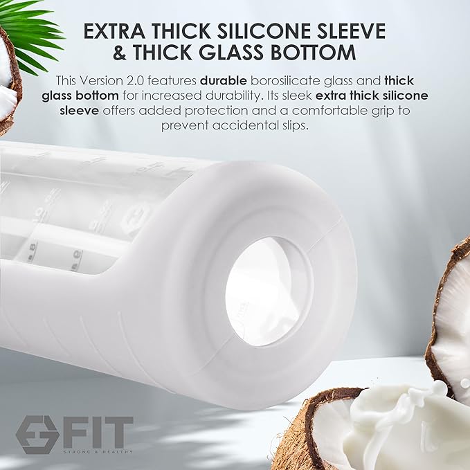 FIT Strong & Healthy 32 oz Glass Water Bottle with Straw Lid, Time Marker, Sleeve & Extra Lid - Motivational, Wide Mouth 1 Liter Glass Drinking Bottle