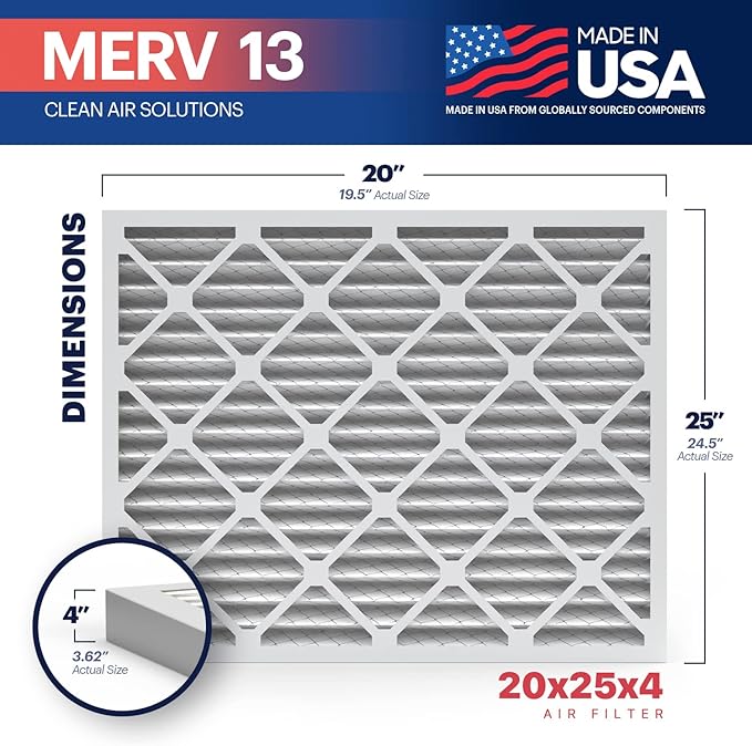 BNX TruFilter 20x25x4 (19.5’’ x 24.5’’ x 3.63‘’ Slim Fit) MERV 13 Air Filter (2-Pack) - MADE IN USA - Air Conditioner HVAC AC Furnace Filters Health, Allergies, Mold, Bacteria, Smoke, MPR 1900 FPR 10