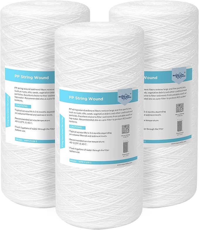 Membrane Solutions 5 Micron 10"x4.5" String Wound Whole House Water Filter Replacement Cartridge Universal Sediment Filters for Well Water - 3 Pack