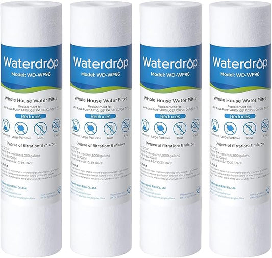 Waterdrop 5 Micron 10" x 2.5" Whole House Water Filter Replacement Cartridge, Sediment Water Filter Replacement for Any 10 inch RO Unit, Aqua-Pure® AP110, Culligan® P5, WHKF-GD05, 4 Pack