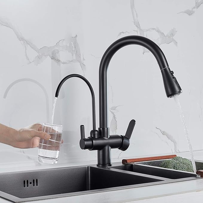 MENATT Commercial 3 in 1 Drinking Water Faucet, High Arc Water Filter Purifier Kitchen Faucets, Dual Handle Pull Out Kitchen Sink Faucet (Matte Black)