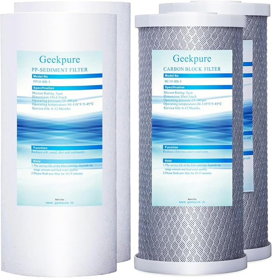 Geekpure 10 Inch Whole House Water Filters Set w/PP and Carbon Block -4.5"x 10"-5 Micron
