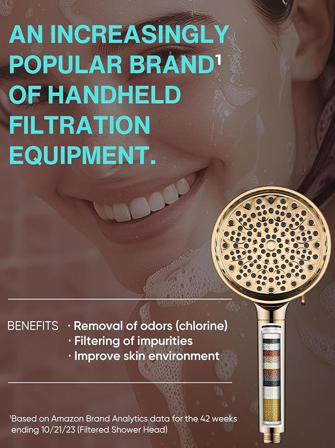 Cobbe Filtered Shower Head with Handheld, High Pressure 6 Spray Mode Showerhead with Filters, Water Softener Filters Beads for Hard Water - Remove Chlorine - Reduces Dry Itchy Skin, Egyptian Gold