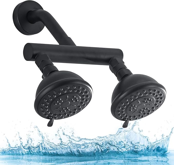 High Pressure Double Shower Head with Shut-Off Valve and Shower Arm Set Solid Brass Casting Dual Outlet Manifold Dual Shower Fixed Head 3 Function Shower Heads Sprayers, Matte Black