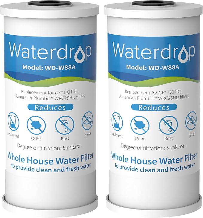 Waterdrop FXHTC Whole House Carbon Water Filter, Replacement for GE® FXHTC, GXWH40L, GXWH35F, Culligan® RFC-BBSA, American Plumber W10-PR, W10-BC, WRC25HD, 10" x 4.5" Cartridge, 5 Micron, Pack of 2