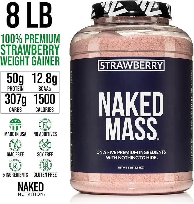 NAKED Strawberry Mass - 1,500 Calories, 50G Protein, Nothing Artificial. Strawberry Weight Gainer Protein Powder - 8lb Bulk, GMO Free, Gluten Free & Soy Free