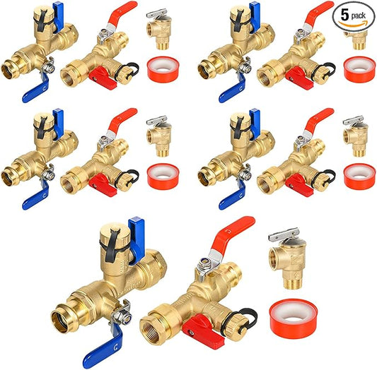 3/4 Inch GUOFIS IPS Tankless Water Heater Valve Kit with Pressure Relief Valve(3/4"FIPx 3/4" Press),5 Set Water Heater Valve Kit