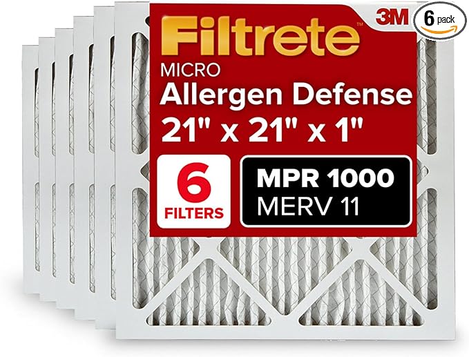 Filtrete 21x21x1 AC Furnace Air Filter, MERV 11, MPR 1000, Micro Allergen Defense, 3-Month Pleated 1-Inch Electrostatic Air Cleaning Filter, 6 Pack (Actual Size 20.81x20.81x0.81 in)