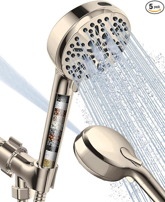 Filtered Shower Head with Handheld Brushed Nickel, BOWGER 6 Modes High Pressure Shower Heads with Power Wash Mode and Hard Water Filter, Detachable Hand Held Showerhead Set with Extra Long Hose