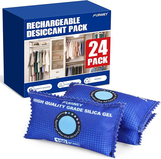 100g [ 24 Packs] Rechargeable Desiccant Packs for Storage, Color Indicating Silica Gel Desiccant Packets, Moisture absorbers for Storage,Dehumidifier bag for Closets,Cars,Storage Bins
