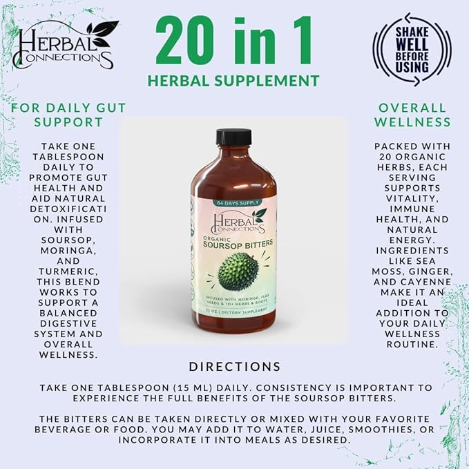 Soursop Bitters Liquid 32 Ounces - 64 Servings - 20 Herb Formula with Soursop, Moringa, Sea Moss, Turmeric, Ginger & Cayenne | Gut Health, Natural Cleanse & Daily Wellness | Vegan & Organic