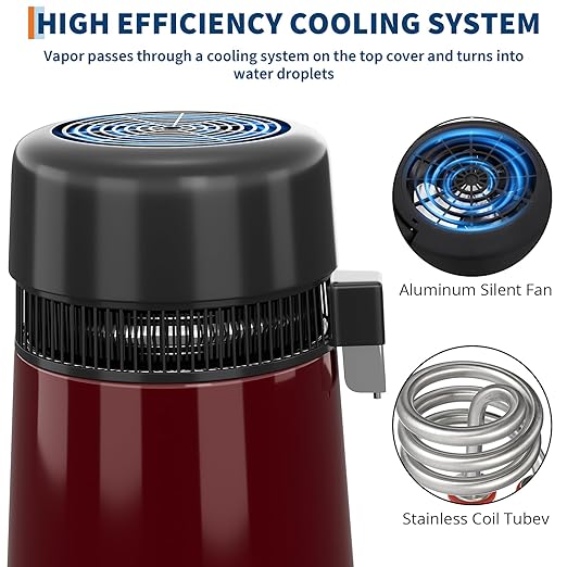 GarveeHome Water Distillers for Home Countertop, 1Gal/4L Stainless Steel Distilled Water Machine with Glass Container, 750W Desktop Drinking Purifier Filter Distilling Kit, Red