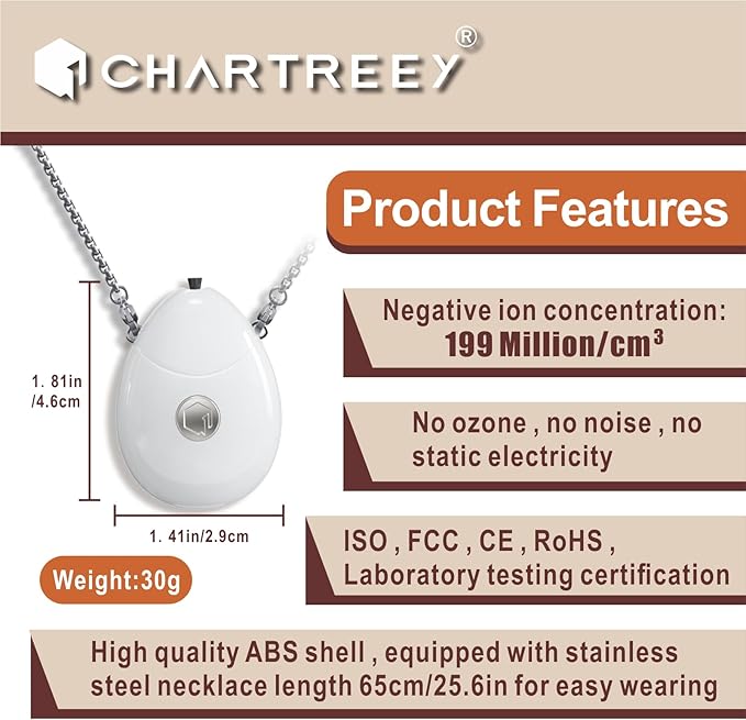 Personal Air Purifier, Chartreey® Wearable Air Purifier Necklace, True 199 million/cm³ Negative Ion, Portable Air Purifier Eliminates Dust, Pollen, Smoke for Outdoor, Travel(White)