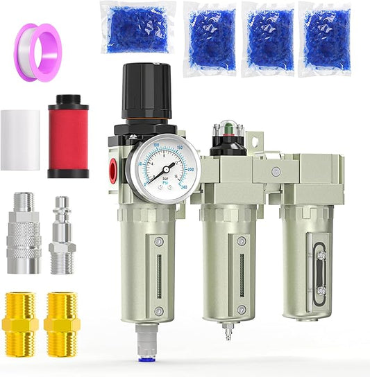 1/2" NPT Heavy Duty Industrial Grade 3 Stage Air Drying System, Auto Drain, Coalescing Filter, Particulate Filter, Desiccant Dryer and Air Regulator For Plasma Cutter and Paint Spray