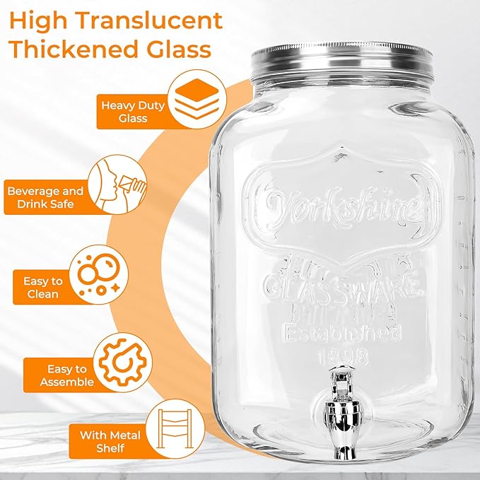 2 Gallon Glass Drink Dispensers, 1 Pack Clear Beverage Dispenser with Stand and Spigot for Parties, Drink Dispenser with Ice Core and Sticker for BBQ, Picnic, Lemonade Dispenser