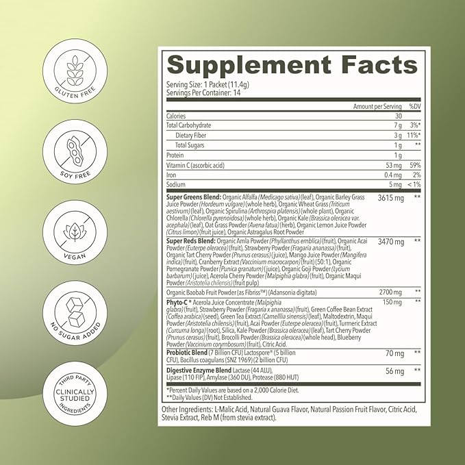 Rookie Wellness Greens + Superfoods - Greens Superfoods Powder Drink Made with Whole Food Sourced Ingredients Contains Vitamins, Probiotics, Antioxidants, and Baobab Fiber (14 Servings, Passion Guava)