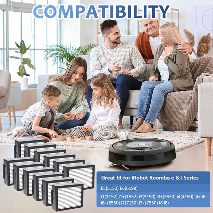 12-pack 4639161 High-Efficiency Filter for iRobot Replacement Parts Vacuum Filter, Roomba e, i & j Series, and Roomba Combo i1+ i3 i3+ i4 i5 and j5 Series