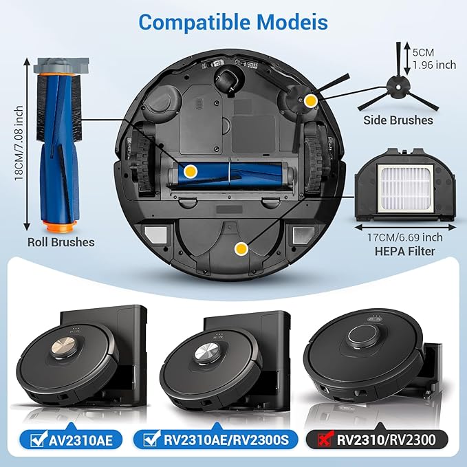 RV2310AE Replacement Parts for Shark RV2310AE AV2310AE RV2320S RV2300S Matrix UR2360S UR2350AE Robot Vacuum Cleaner 1 Brush Roller, 2 HEPA, 2 White Foam, 2 Black Foam, 6 Side Brushes