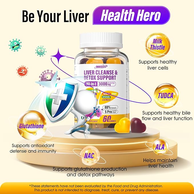 Liver Cleanse Detox & Repair Gummies - 29-in-1 1500mg Milk Thistle Supplement with Beetroot Dandelion Artichoke, Vegan Gummy with NAC TUDCA Vitamins Supports Immune, Boosts Energy, Gut Health, 60 ct