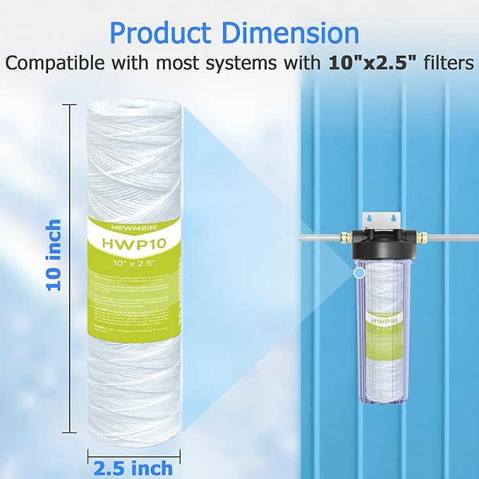 20 Micron Whole House Water Filter Cartridge, String Wound Sediment Filters for Well Water, Universal Replacement for Any 10 inch RO Unit - 10" x 2.5" Cartridges - Pack of 6