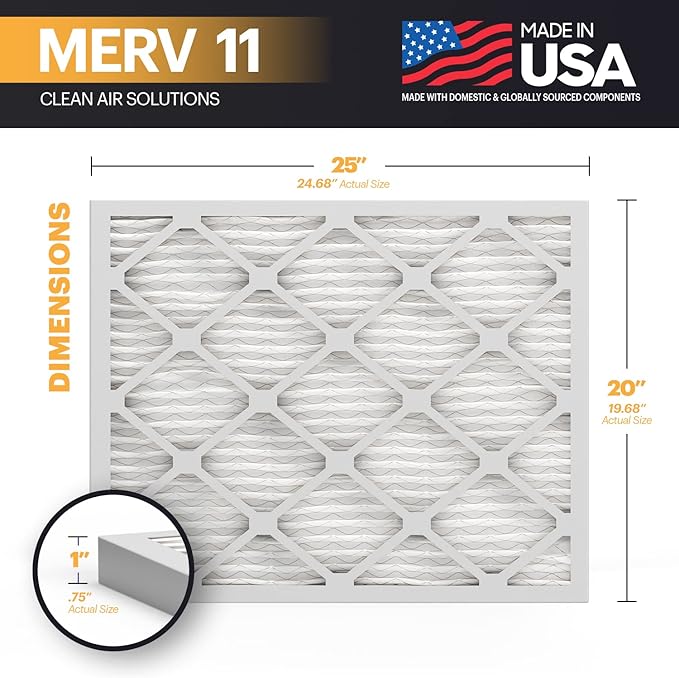 BNX TruFilter 20x25x1 Air Filter MERV 11 (6-Pack) - MADE IN USA - Allergen Defense Electrostatic Pleated Air Conditioner HVAC AC Furnace Filters for Allergies, Dust, Pet, Smoke, Allergy MPR 1200 FPR 7