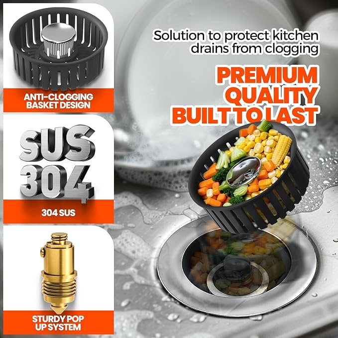 3 in 1 Kitchen Sink Drain Strainer & Sink Stopper, Upgraded Stainless Steel Drain Plug Combo with Anti-Clog Basket, Pop Up Drain Cover for Standard 3-1/2'',Garbage Disposal Parts