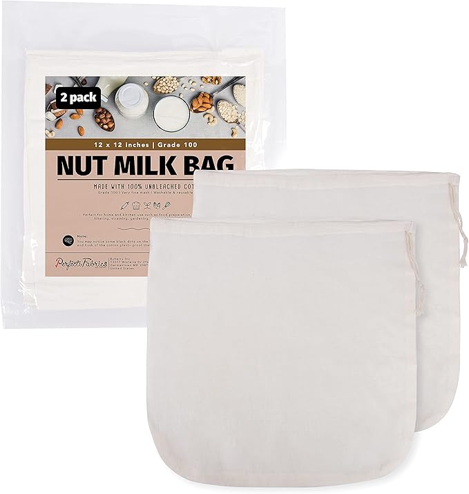 2 Pieces Reusable Grade 100 Nut Milk Bags for Straining, Unbleached Cloth Bag for Juicing Almond Oats NutMilk, Use as Strainer Filter Gardening, Size 12 x 12 Inch, Vacuum Packaging