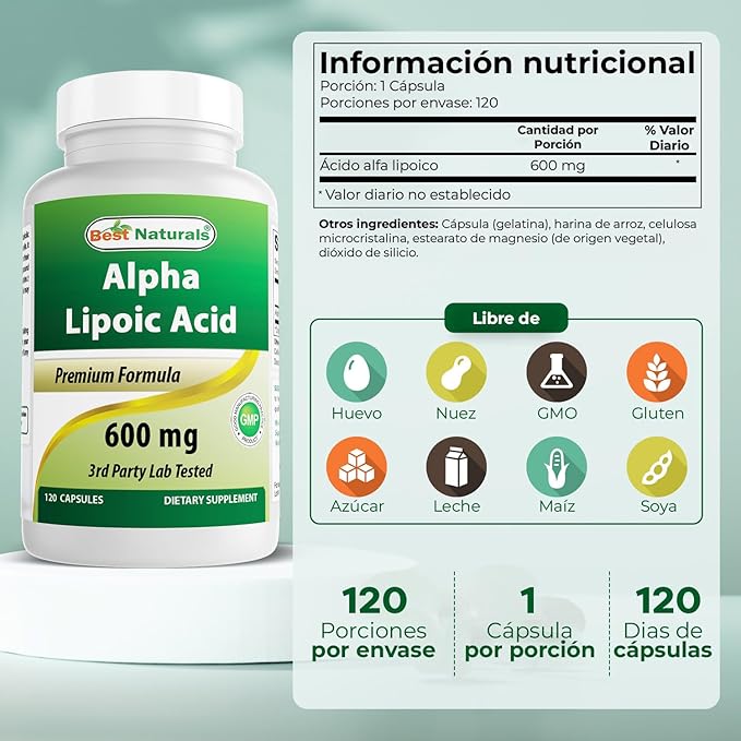 Best Naturals Alpha Liopic Acid 600 mg 120 Count - ALA Alpha Lipoic Acid Powerful Antioxidant