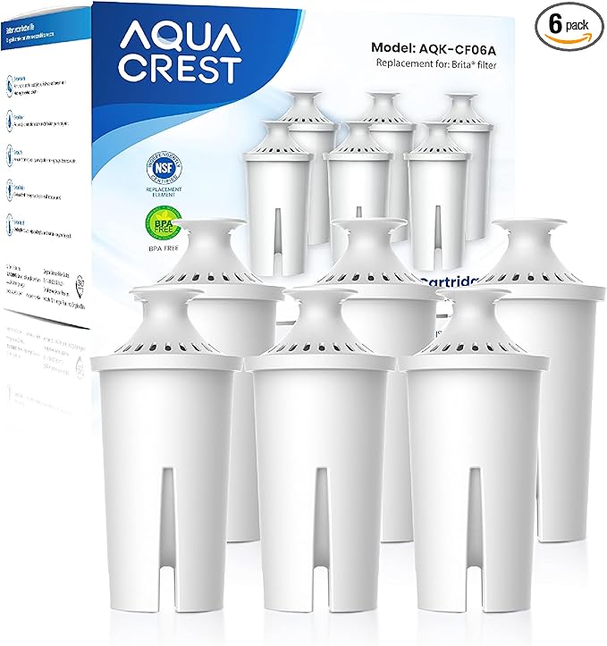 AQUA CREST Replacement for Brita® Filter, Brita® Water Pitchers and Dispensers, Classic OB03, Mavea® 107007, and More, NSF Certified Pitcher Water Filter, 1 Year Filter Supply, 6 Count