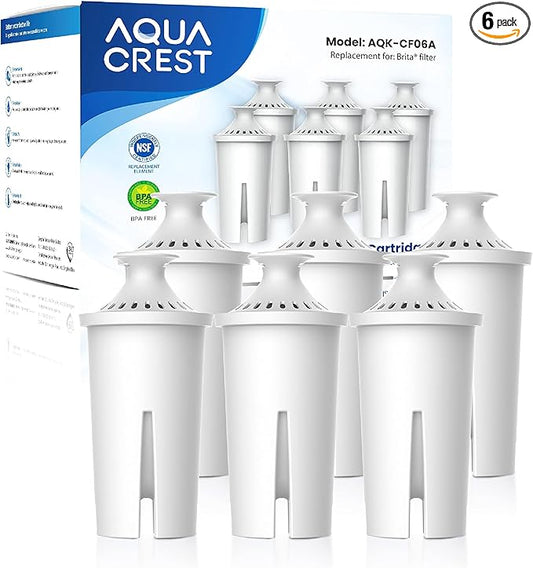 AQUA CREST Replacement for Brita® Filter, Brita® Water Pitchers and Dispensers, Classic OB03, Mavea® 107007, and More, NSF Certified Pitcher Water Filter, 1 Year Filter Supply, 6 Count