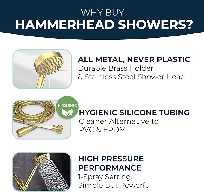 HammerHead Showers® Solid Metal Handheld Shower Head with Hose and Brass Holder - BRUSHED GOLD - 2.5 GPM High Pressure Shower Heads with Adjustable Shower Wand Bracket - 6ft Flexible Extension