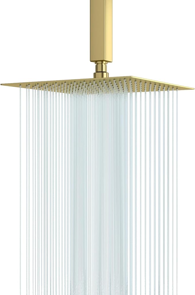 Lordear Gold Rainfall Shower Head 12 Inch Square Rain Shower Head Solid Ultra Thin 304 Stainless Steel Fixed Rainshower Head with Self Cleaning Nozzles