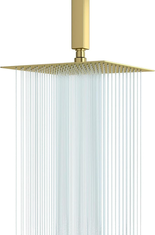 Lordear Rainfall Shower Head 10 Inch Gold Rain Shower Head Square Solid Ultra Thin 304 Stainless Steel Fixed Rainshower Head with Self Cleaning Nozzles