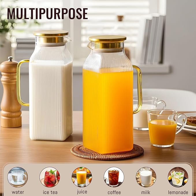 2 Pack 2 Liter/68 oz Square Glass Pitcher with Lid, Classic Stripes Water Pitchers with Handle for Fridge, Large Jug for Iced Tea, Coffee, Borosilicate Glass Carafe for Hot/Cold Brew Drink, Gold