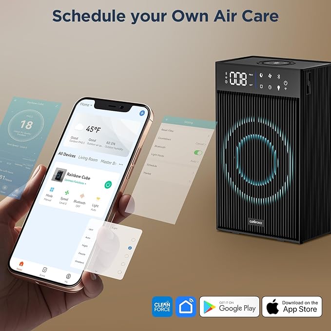CleanForce Cube | World’s First 4-in-1 Smart Home Devices with HEPA Air Purifier, Bluetooth Speaker, Wireless Charger & Aroma Diffuser, over 900ft² Coverage | Ultra Quiet | Space saving | Swiss Tech